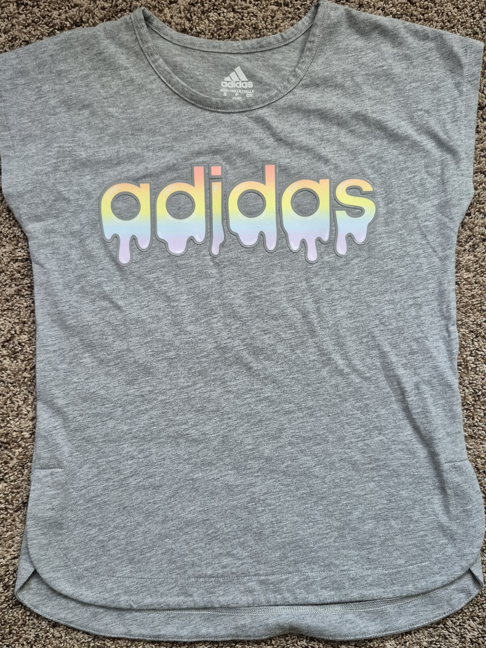 Adidas Girl's Gray Tee with Pastel Drip Logo S 7/8 Tee Yellow Purple Sport